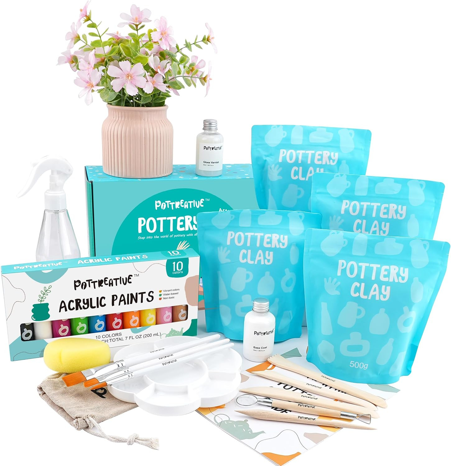 Air Dry Clay Pottery Kit - Home DIY Pottery Starter Kits with Air-Dry Clay，Sculp