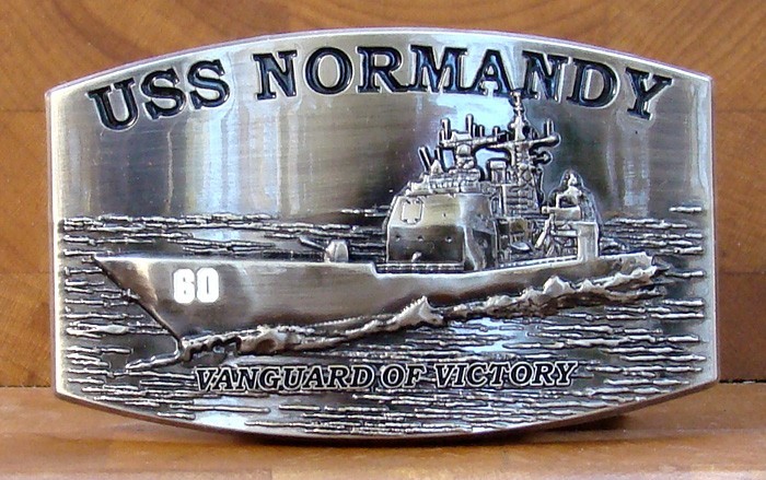USS Normandy (CG-60) Crew Belt Buckle "Vanguard of Victory" Antique Silver