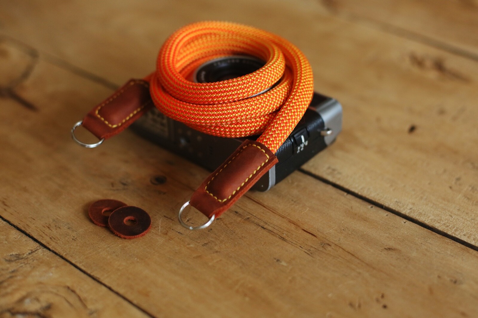 Handmade camera neck shoulder strap orange strong climbing rope