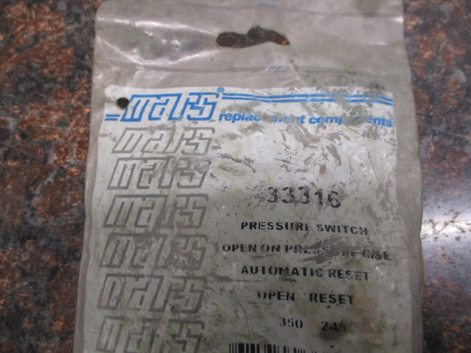 NEW MARS 33316 PRESSURE SWITCH OPEN ON PRESSURE RISE AUTOMATIC RESET OPEN RESET