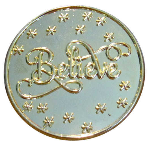 1 3/4" BRIGHT GOLD " BELIEVE" BROOCH FOR SANTA'S HAT