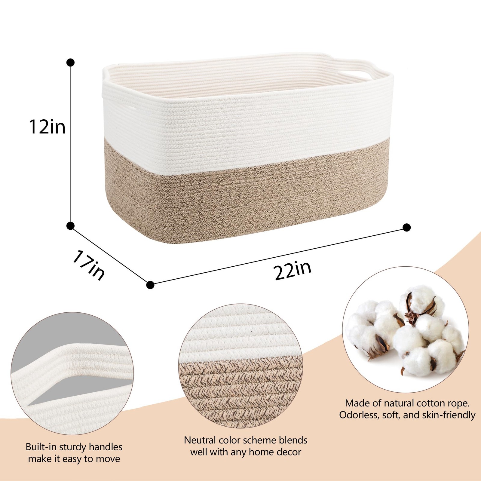Extra Large Cotton Rope Basket 22"x17"x12" Rectangle Storage Bin for Home