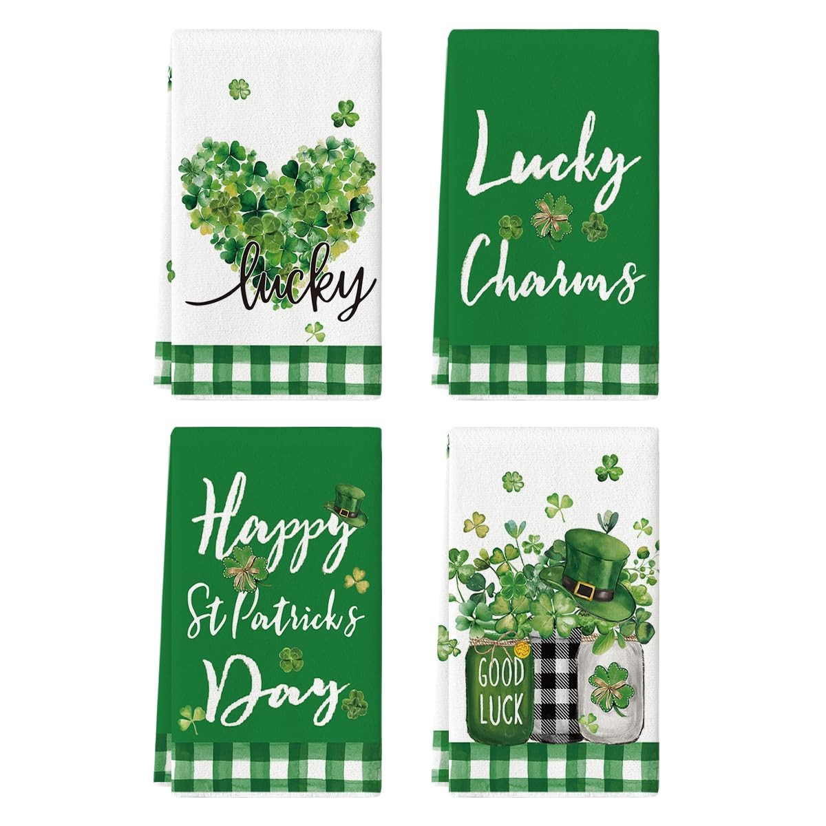 Buffalo Plaid Shamrock St. Patrick's Day Kitchen Towels Dish Towels, 18x26 Inch