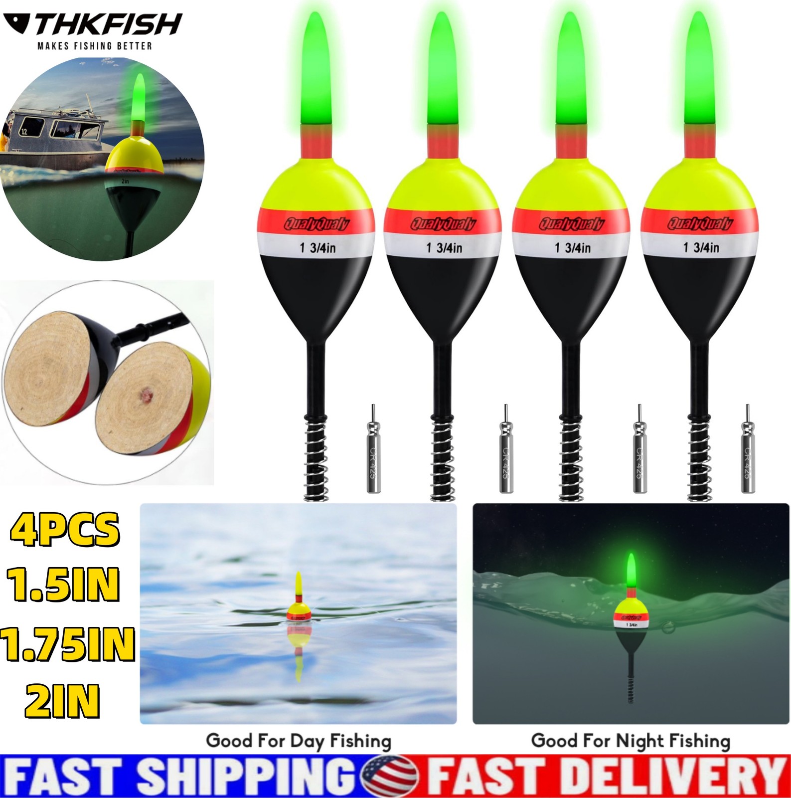 THKFISH 4PCS 1.5/1.75/2In Lighted Slip Bobbers Fishing Float Night light fishing