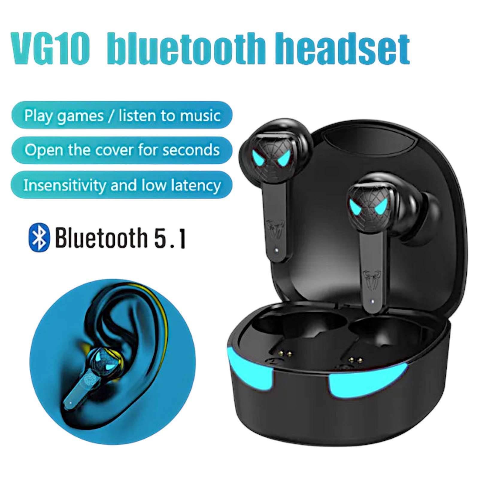 LED Black Spiderman Wireless Bluetooth 5.1 Earphones Touch Control HD Headset