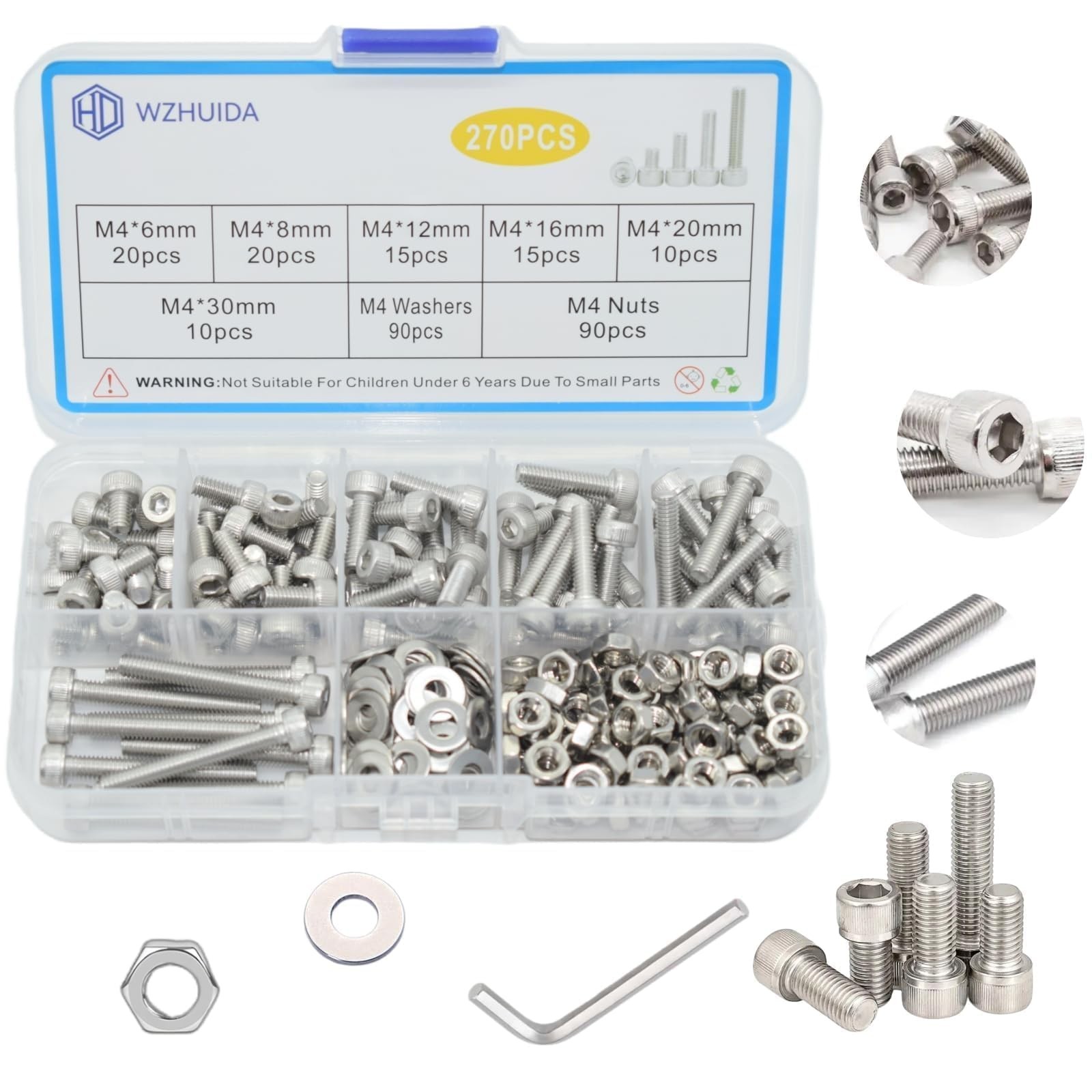 270 Pcs M4 Screw Assortment, Metric Hex Socket Head Cap Bolts, M4*6mm/8mm/12m...