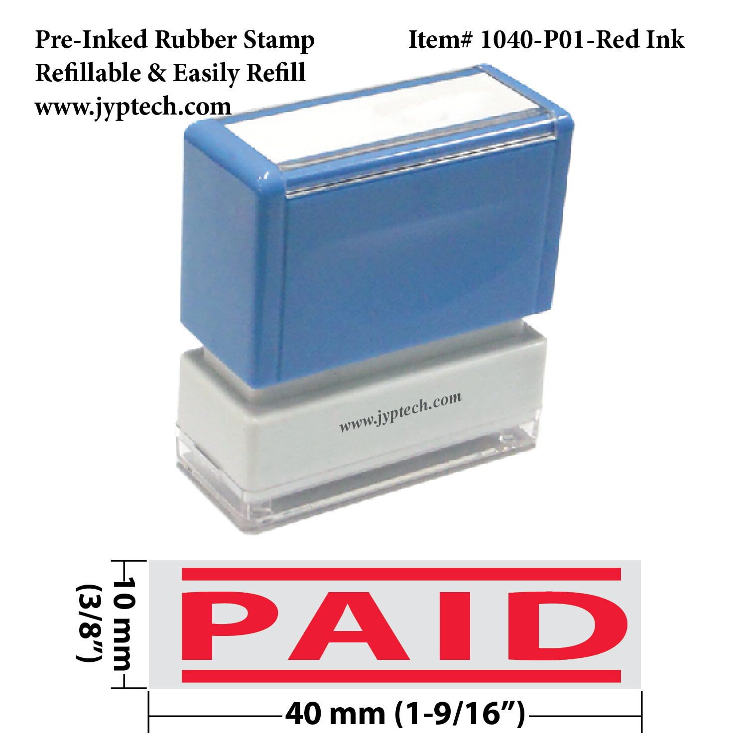 PAID w. 2 Bars 1040 Pre-Inked Rubber Stamp (Red Ink)