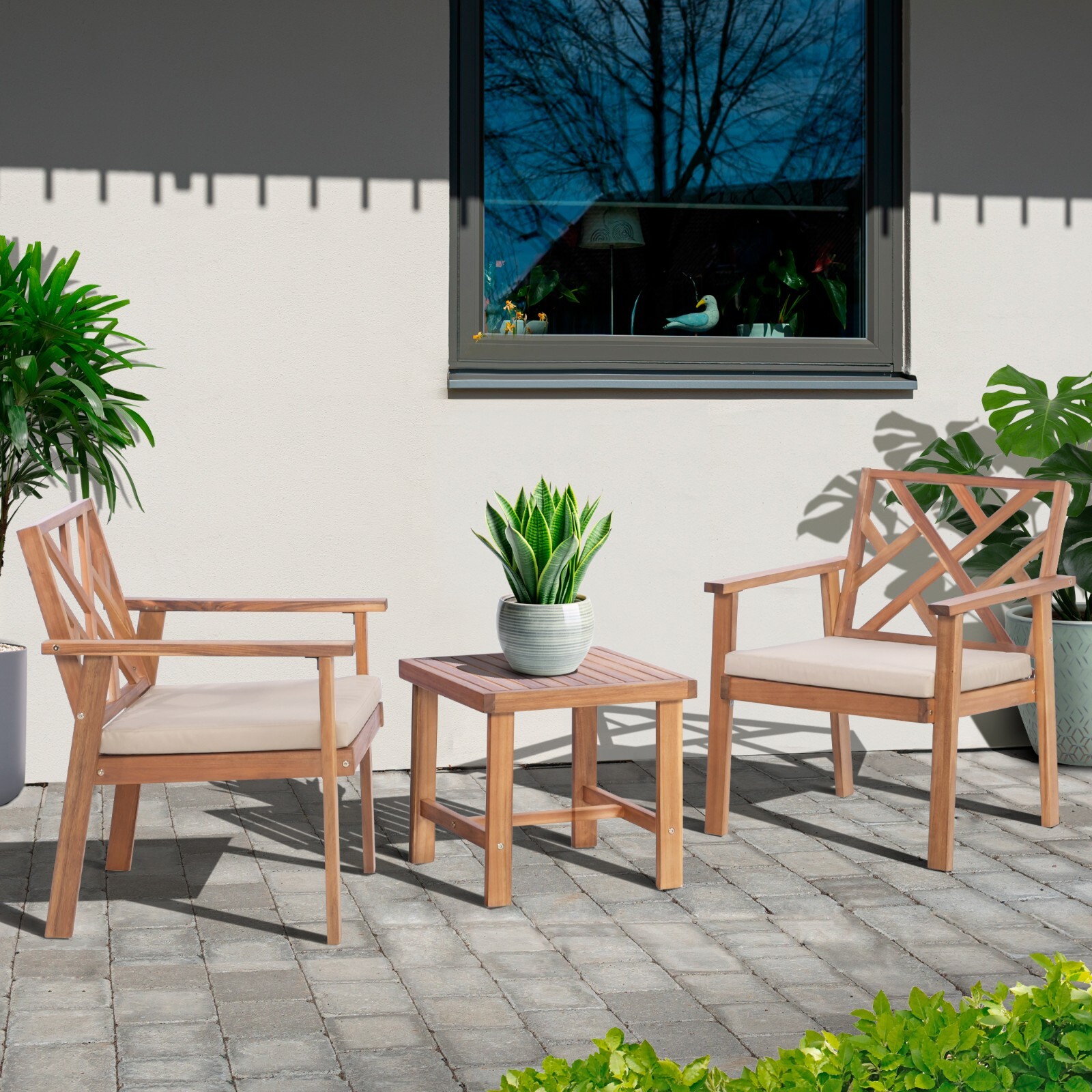 Werph 3-Piece Acacia Wood Patio Set w/ Cushioned Chairs Coffee Table for Patio