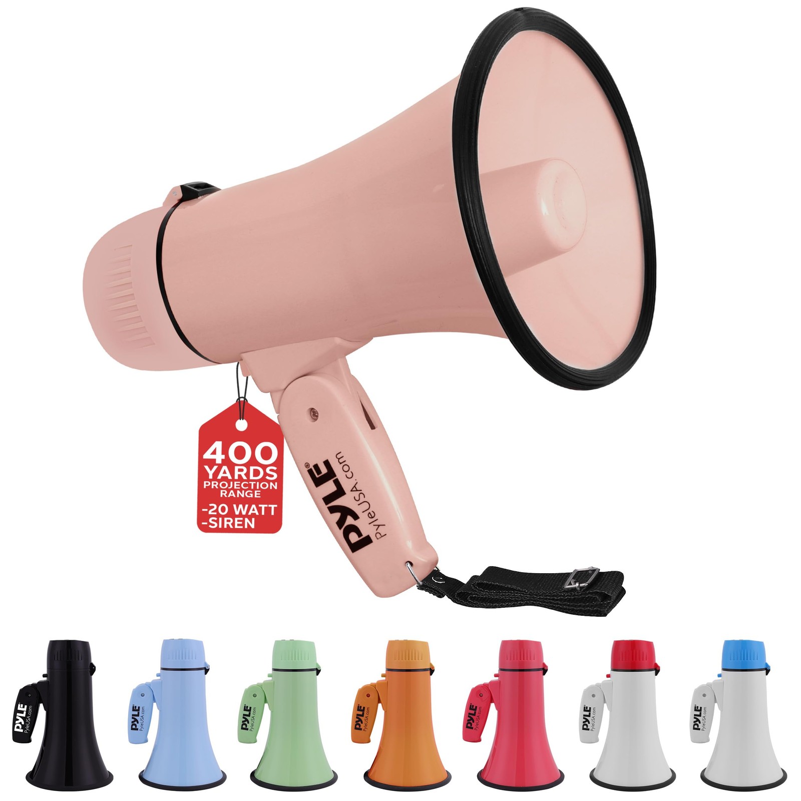 Pyle 20W Megaphone Bullhorn - Portable, Auto Siren & Adjustable Volume (Pink)