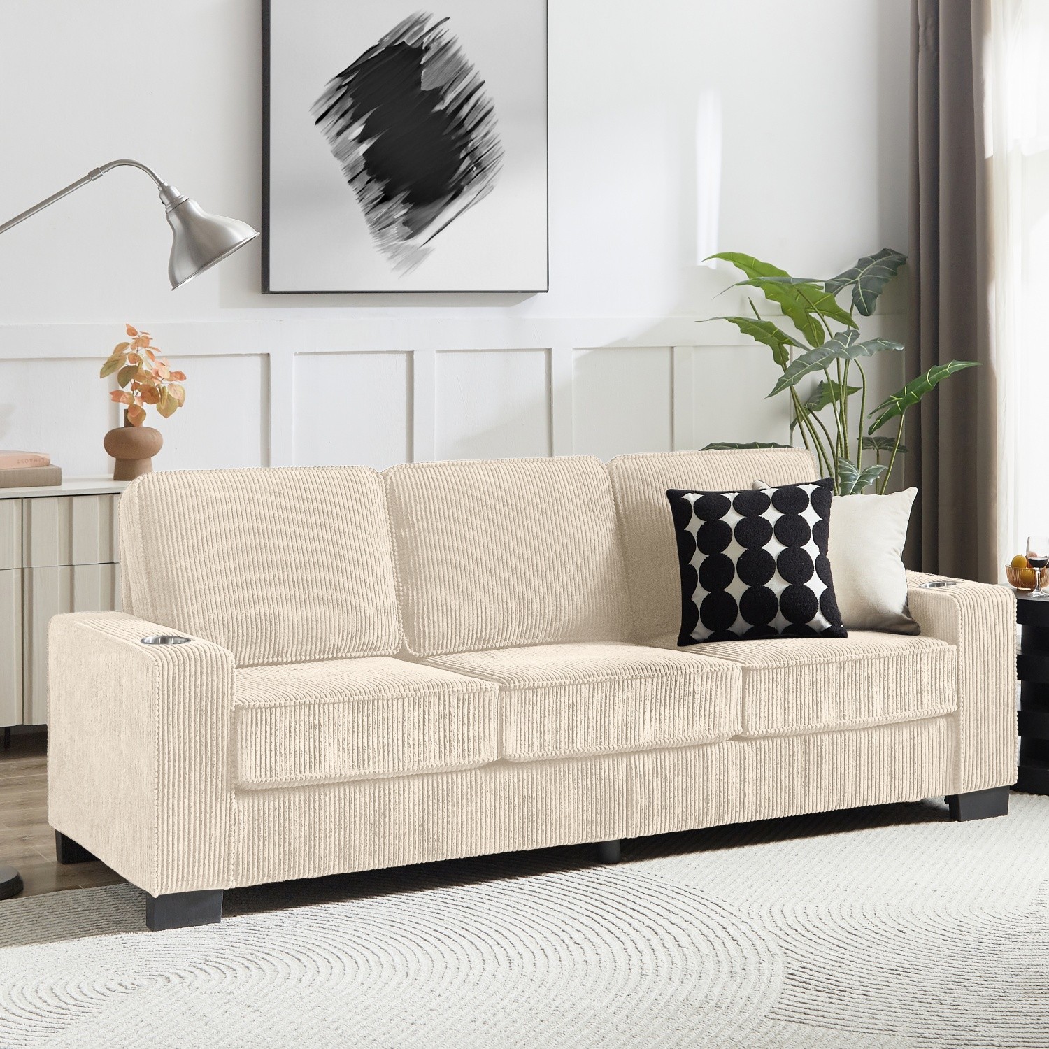 3 Seater Sofa Corduroy Upholstered Sofa Couch w/ 2 Cup Holders for Living Room