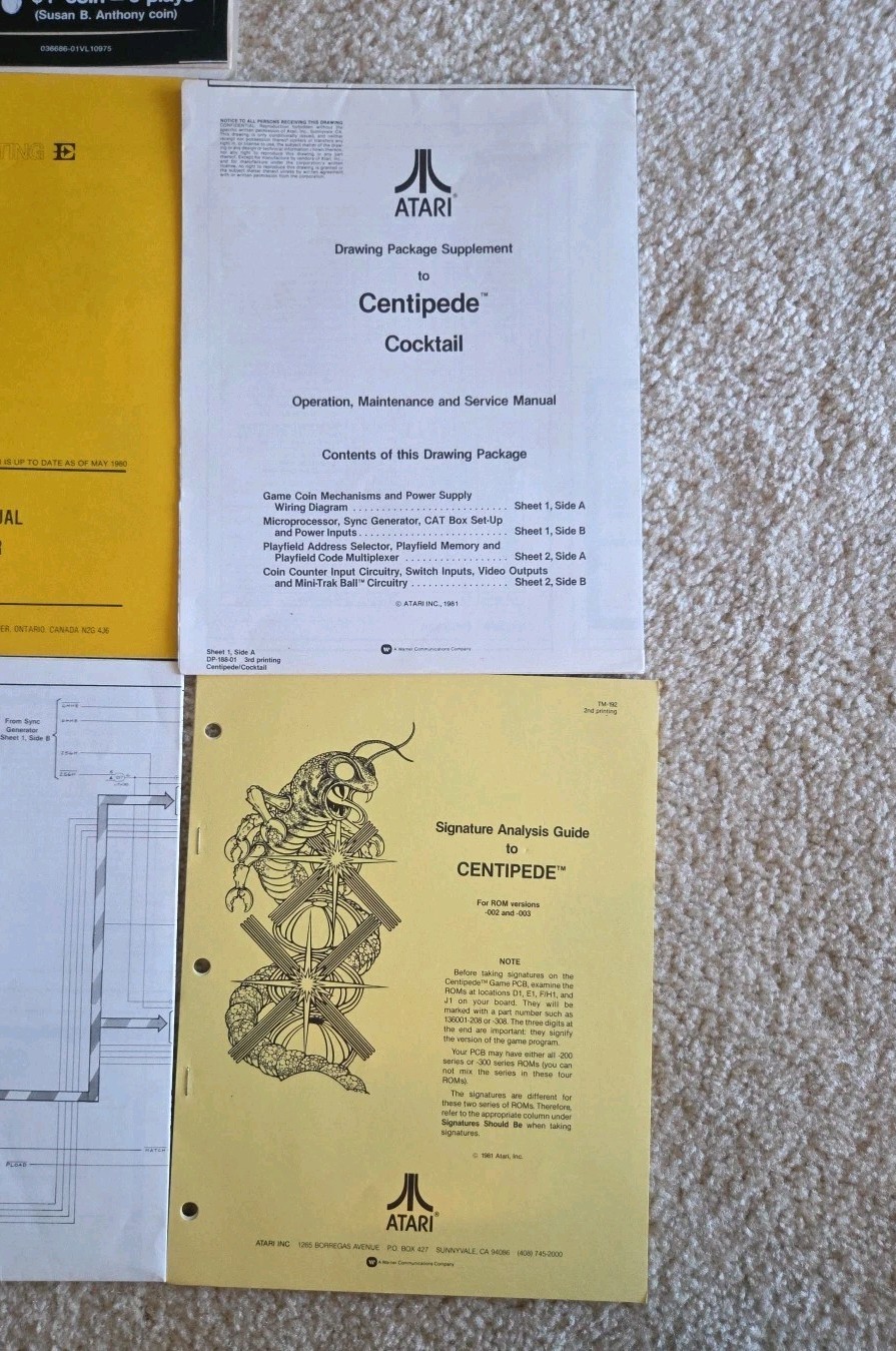 6 Atari Centipede Cocktail Operation Maintenance Service Manuals Schematics