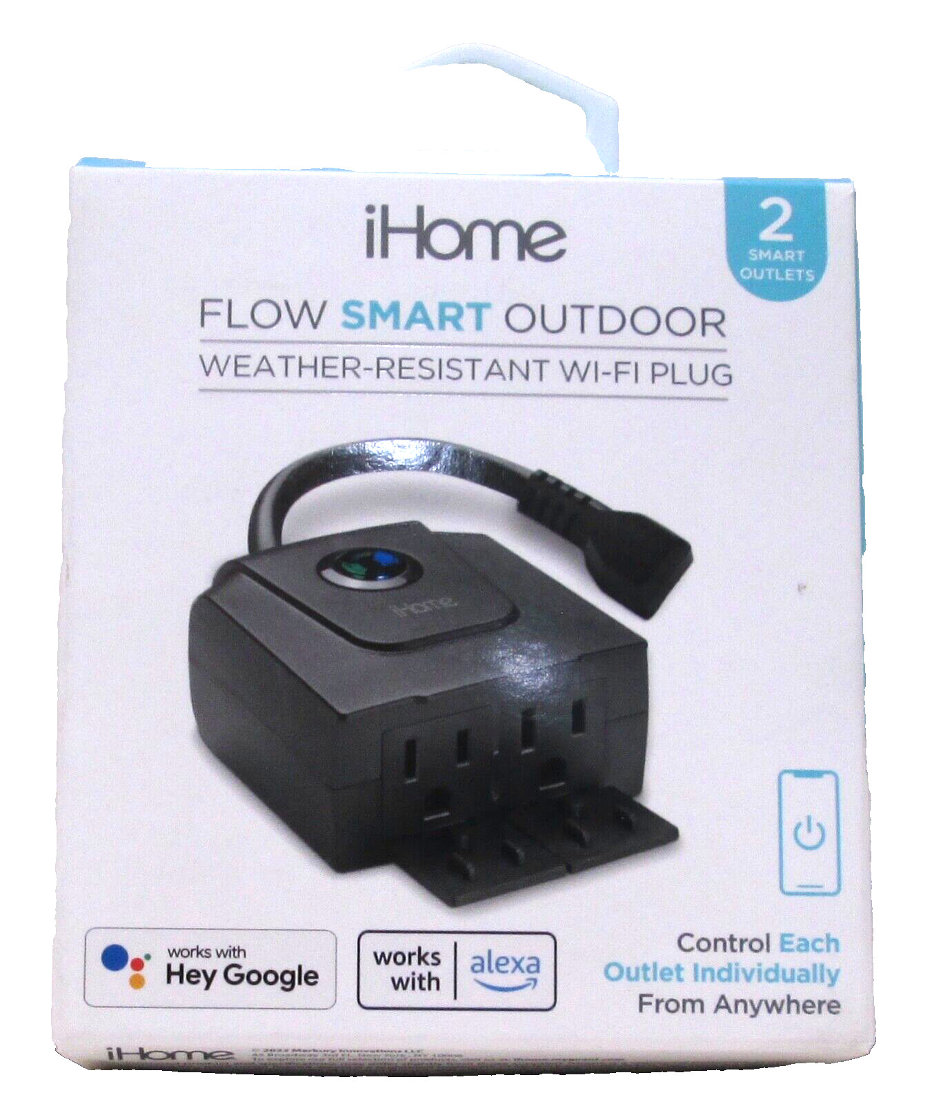 iHome Flow Outdoor Smart Plug with Dual Sockets, Weatherproof IPX3 WiFi Plug
