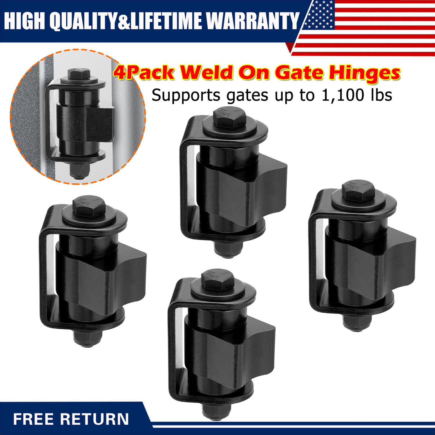 4 Weld On Hinges, Heavy Duty Gate Hinges with Two Sealed Bearings Up to 1100 lbs