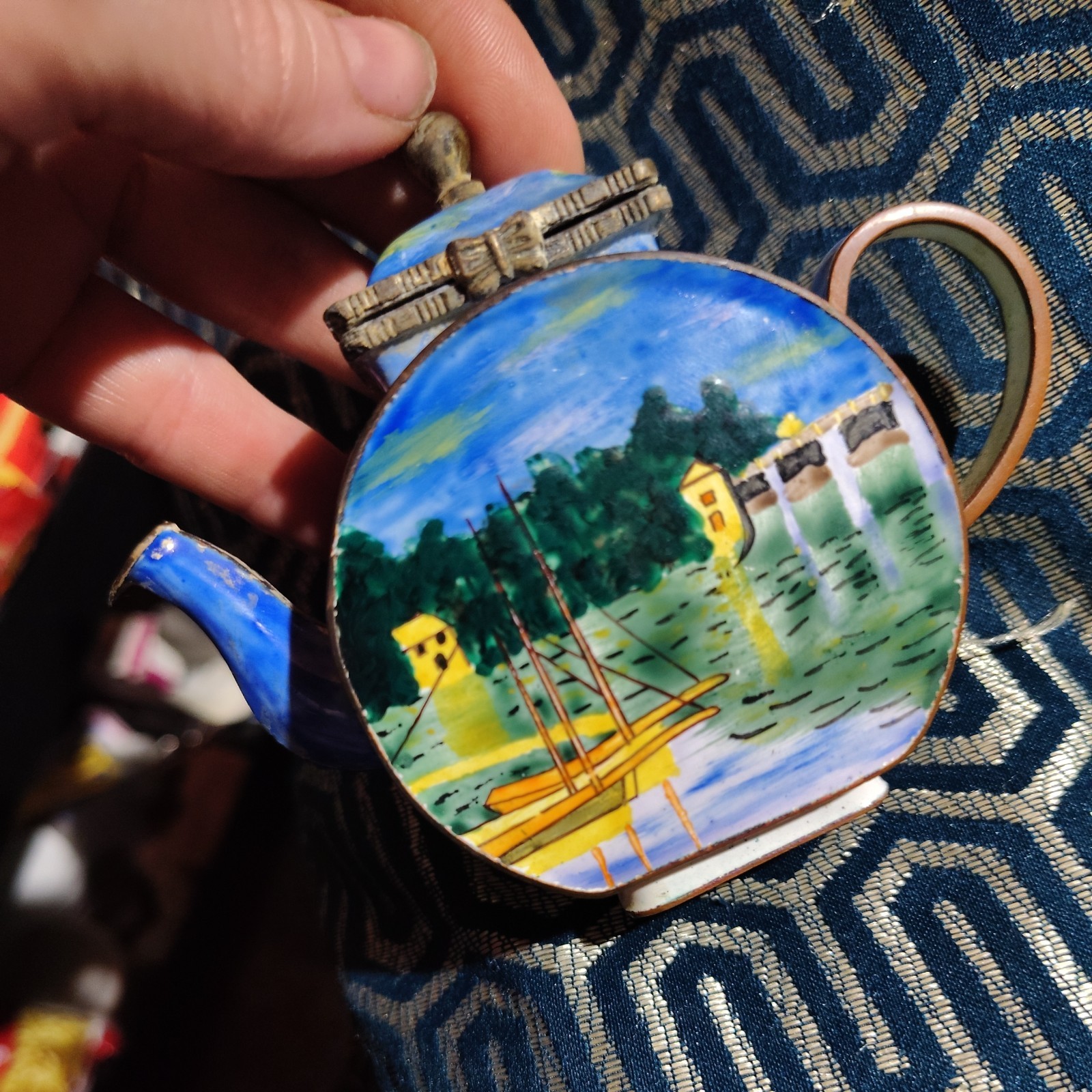 Kelvin Chen Trinket Box Teapot Hand Painted Enamel in Copper Claude Monet