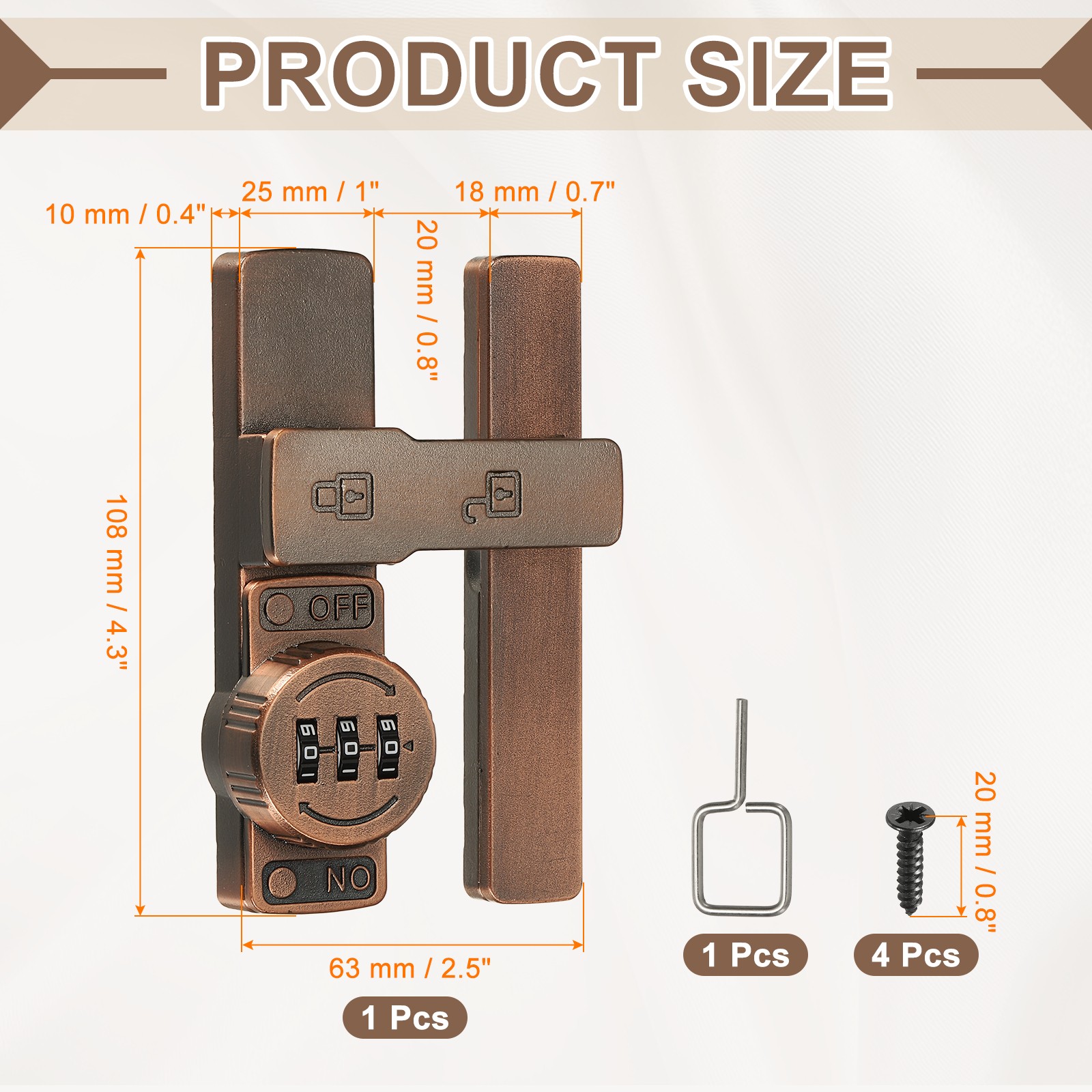 180° Sliding Lock with 3 Digit Code for Barn Door, Copper Color