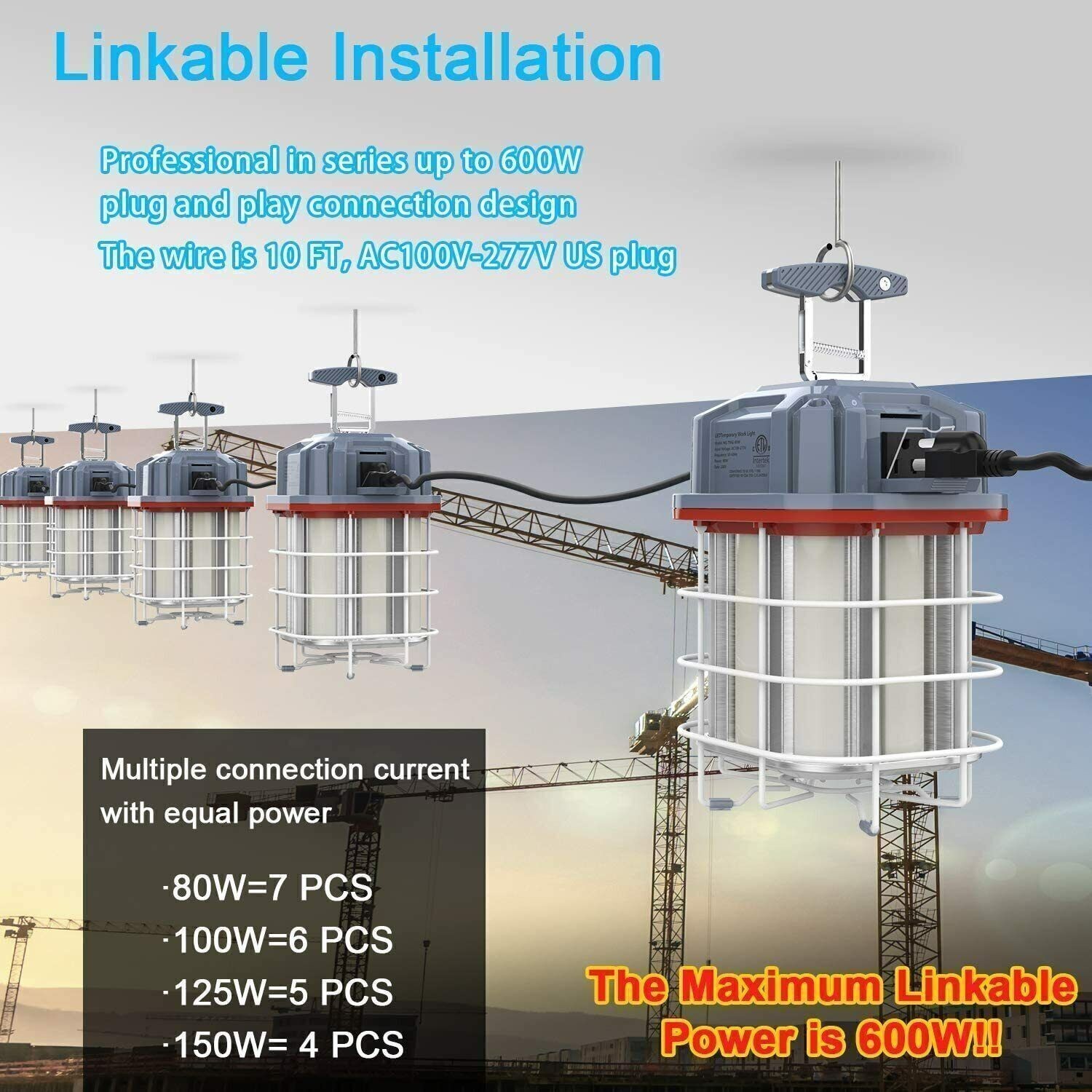 80W LED Temporary Work Light 11600LM Linkable Construction Job Site Light 5000K
