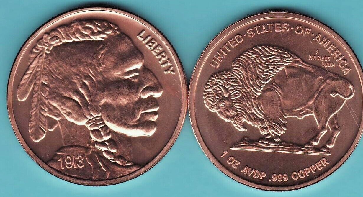 1913 BUFFALO / INDIAN NICKEL   1 oz. Copper Round coin