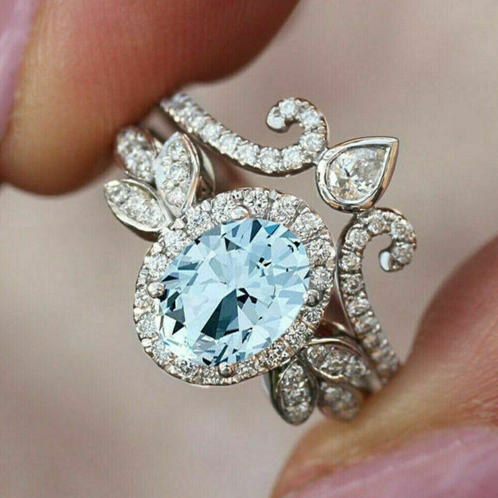 3.2Ct Oval Cut Simulated Aquamarine Bridal Set Ring 14K White Gold Finish Silver