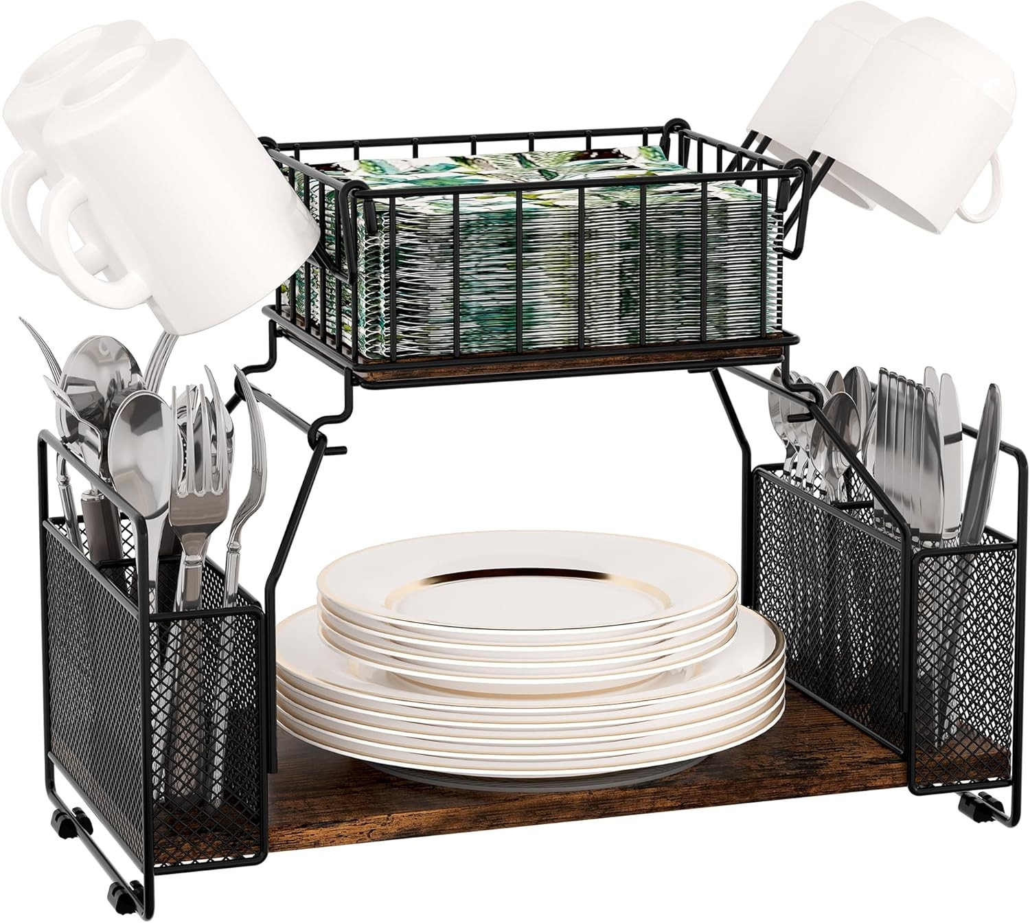 2-Tier Buffet Caddy Organizer -Heavy Duty Countertop Metal Paper Plate & Utensil