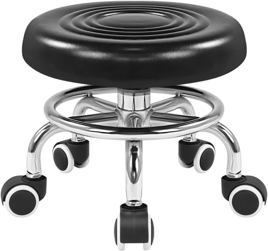 Black Roller Seat PU Leather Rolling Stools with Wheels Nail Stool for Home Work