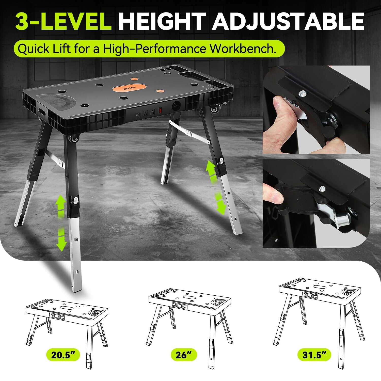 Adjustable Work Height 20.5''/26''/31.5'' 5-In-1 Folding Workbench w/ 4 Wheels