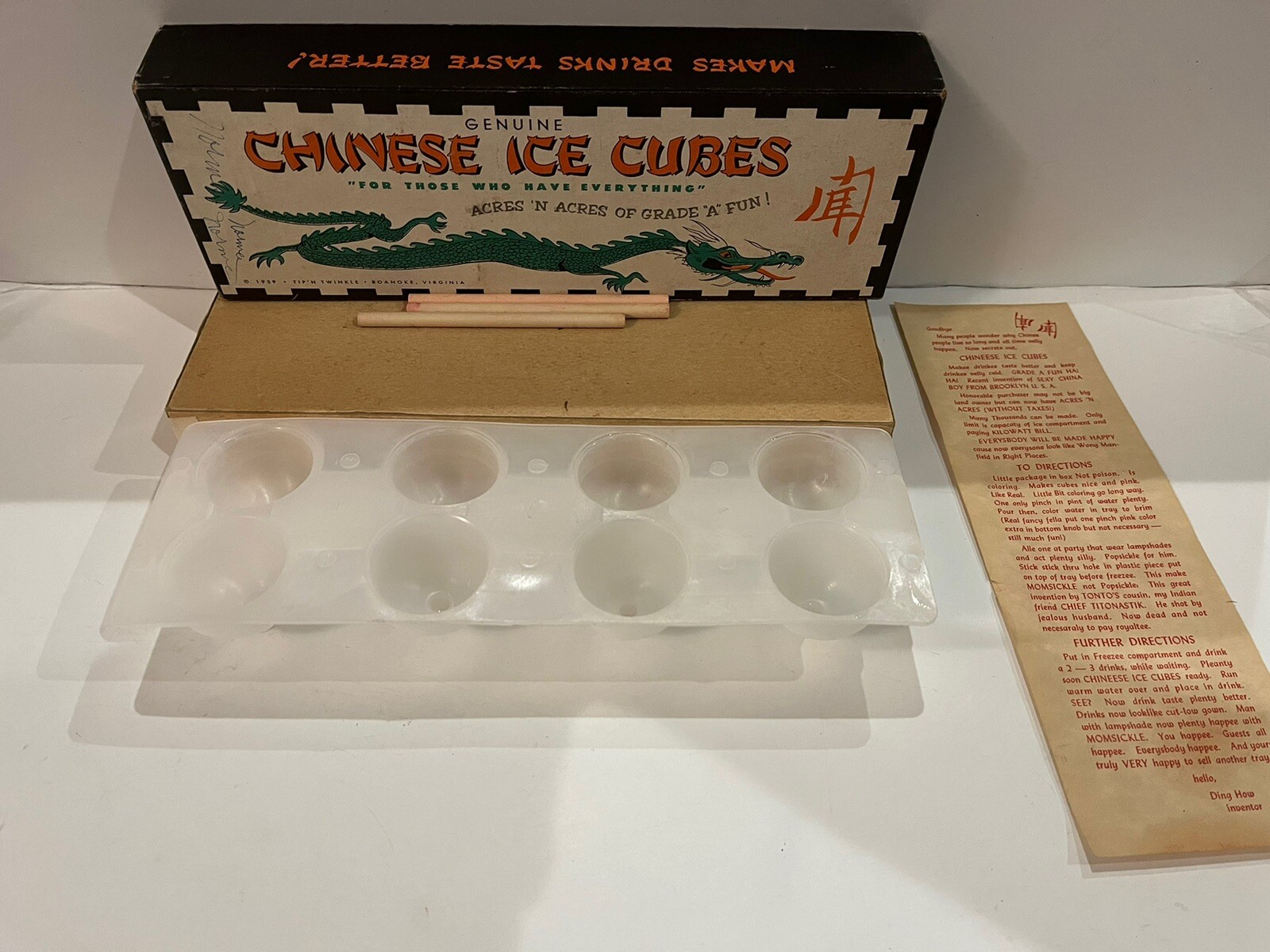 Vintage 1959 Tip 'N Twinkle Genuine Chinese Ice Cubes Mold Writing On Box