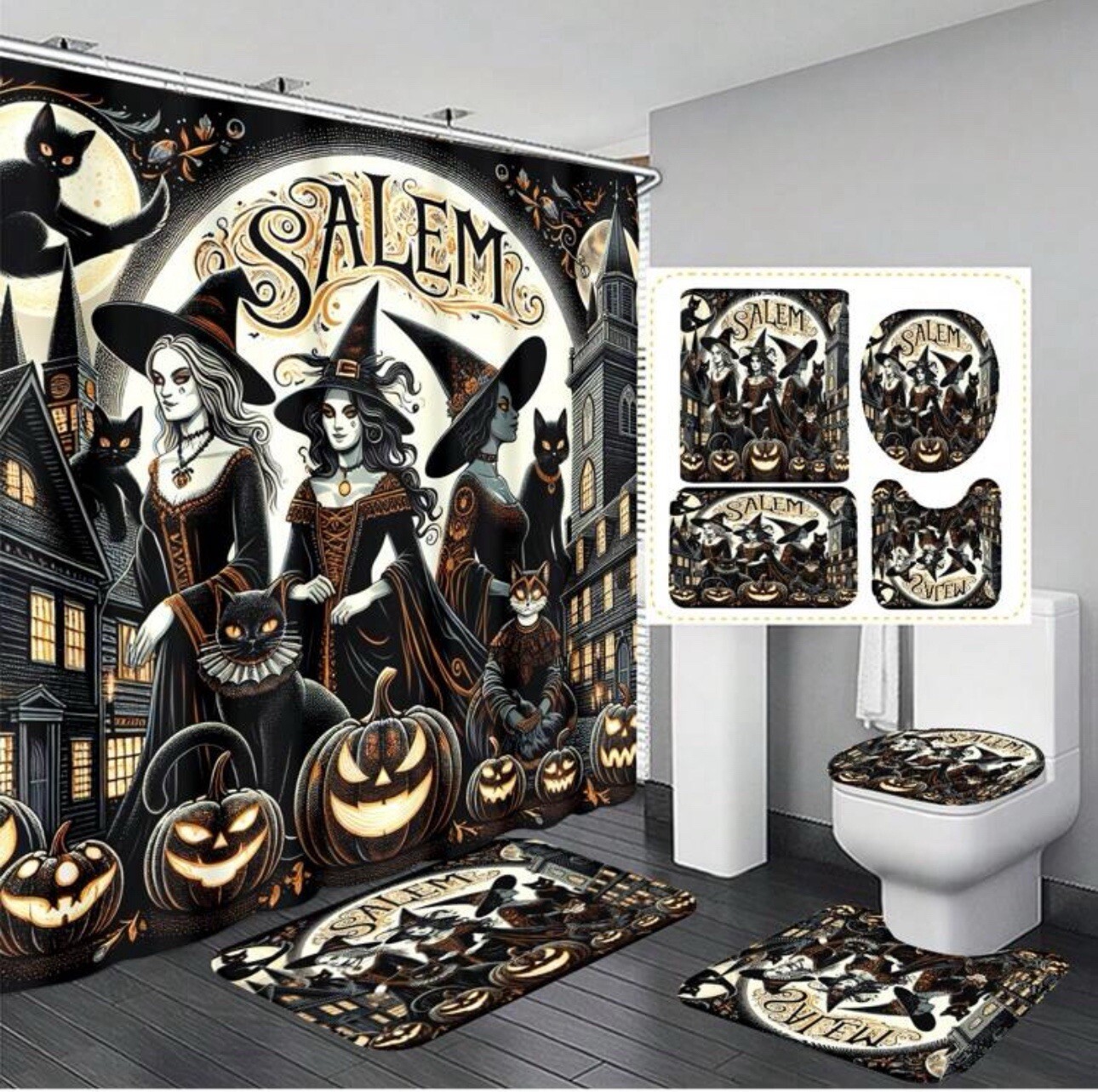 4 Pcs Salem Witches Cat And Pumpkin Halloween Waterproof Shower Curtain Set