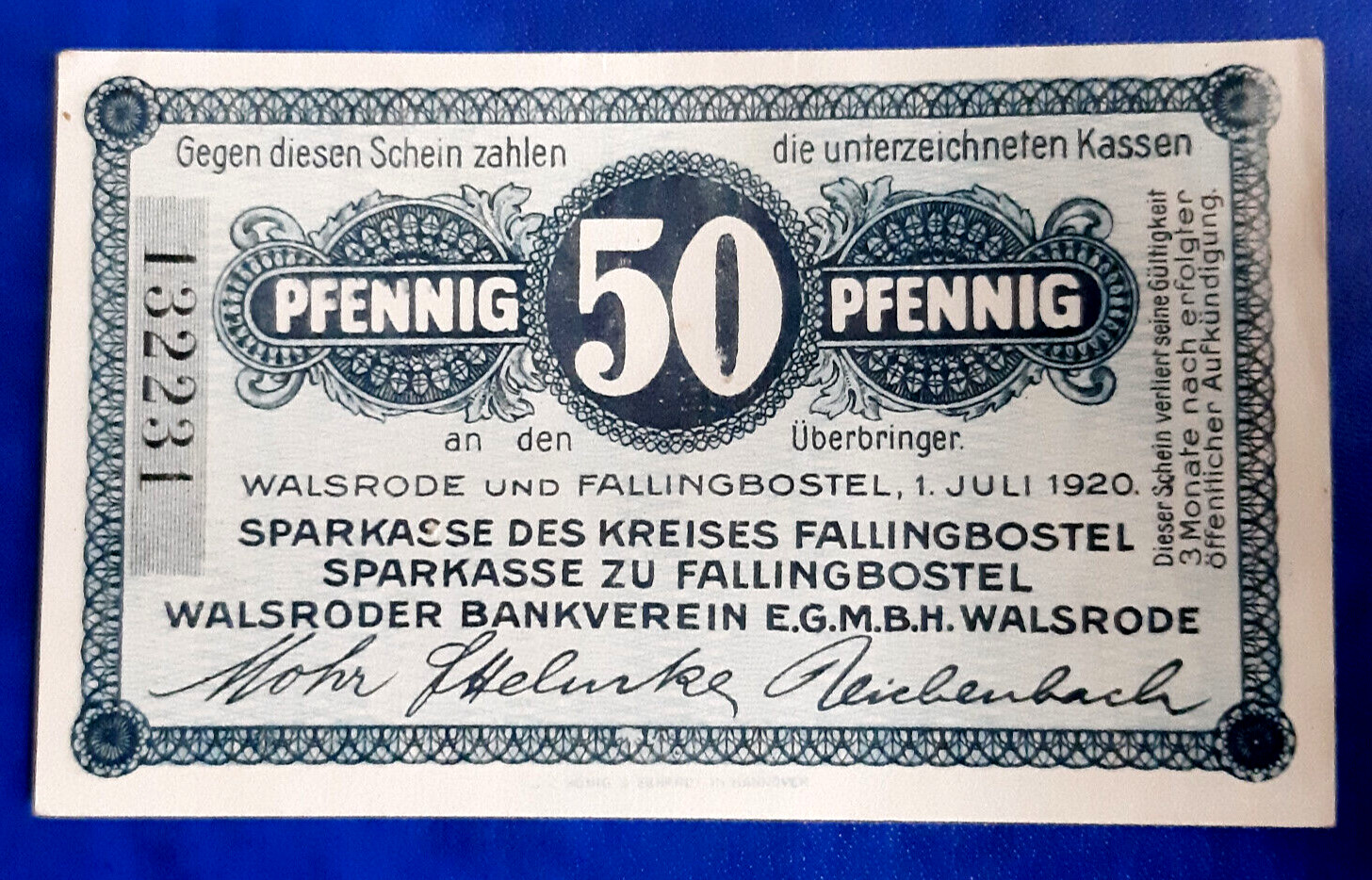 WALSRODE FALLINGBOSTEL NOTGELD 50 PFENNIG 1920 EMERGENCY MONEY GERMANY (26682)