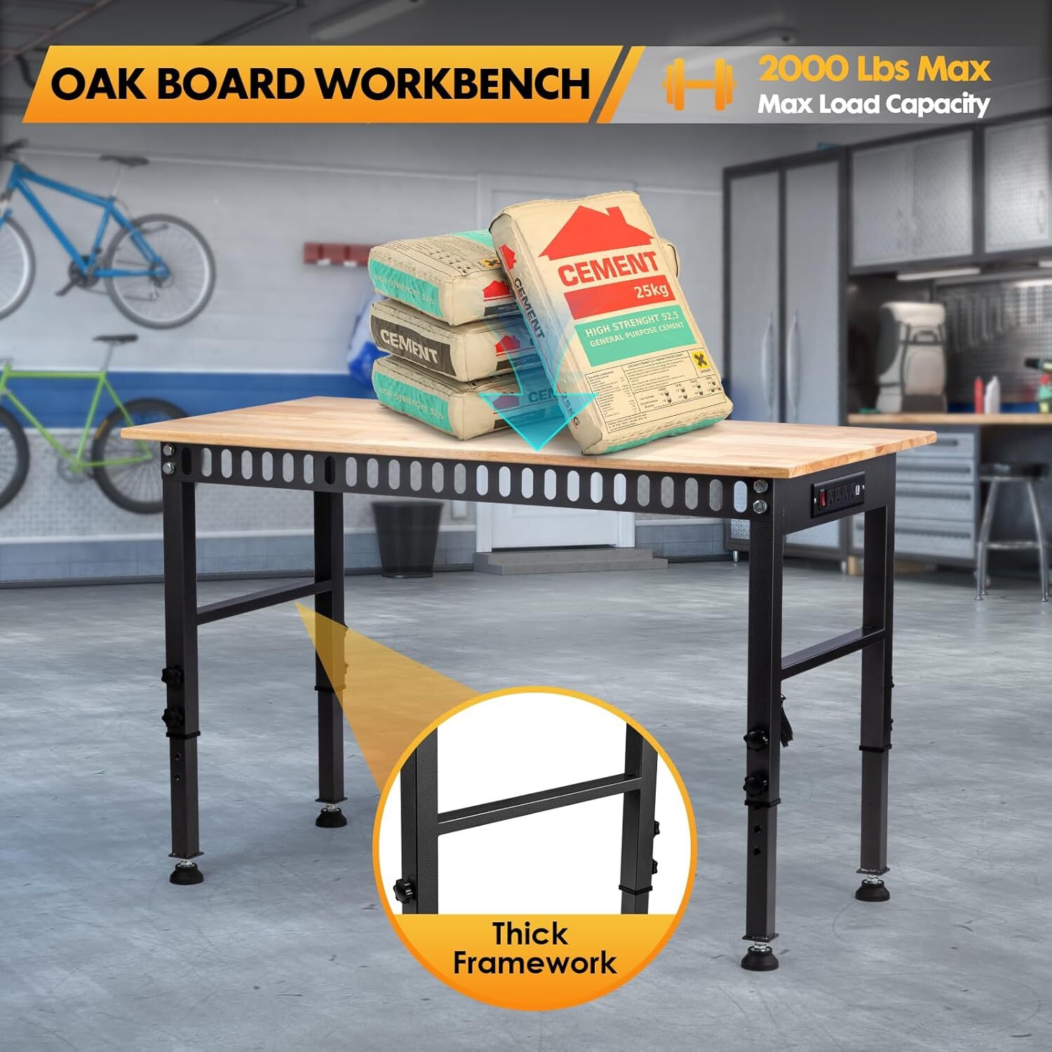 48" Adjustable Workbench, 2000LBS Capacity, Rubber Wood Top, Power Outlet