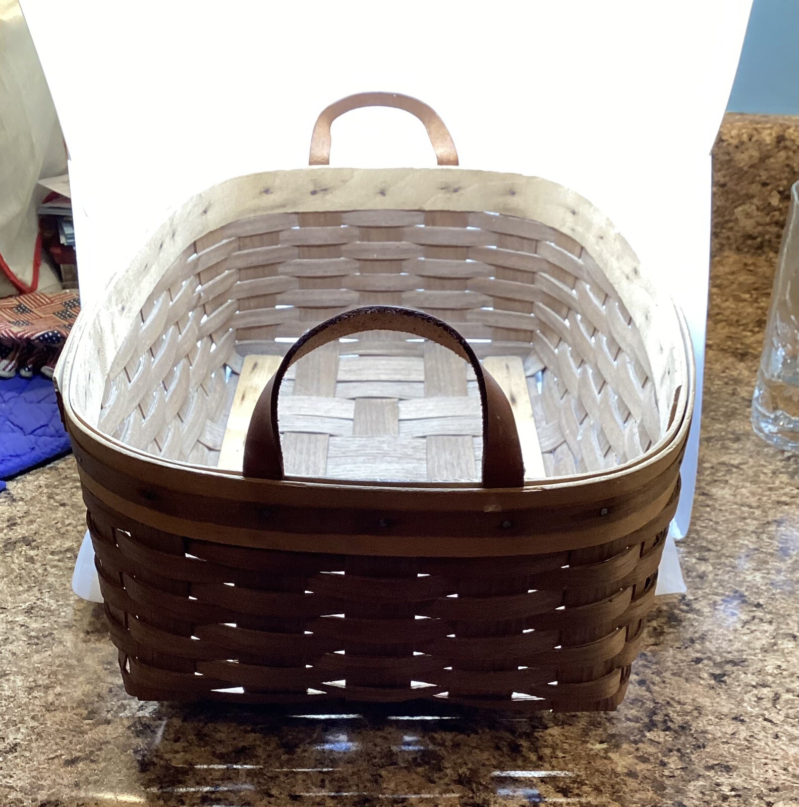 Hand Woven Rectangle Basket With Leather Handles, Signed, 2003
