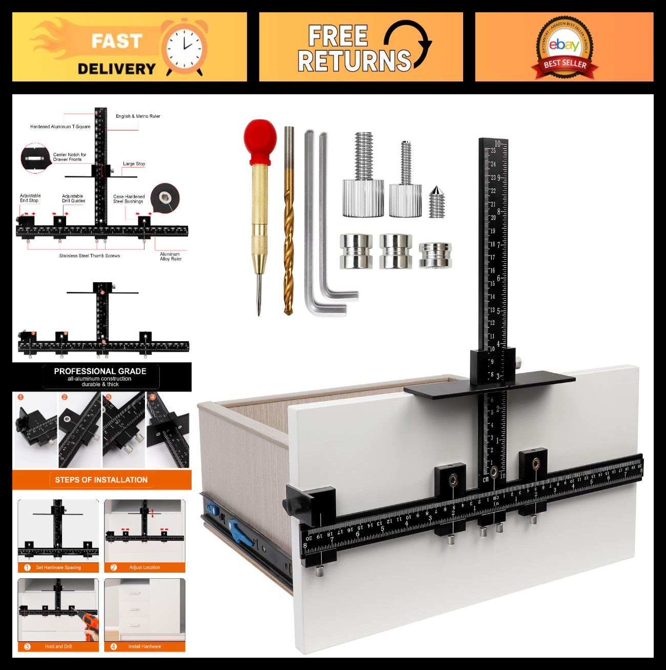 Adjustable Cabinet Hardware Jig Tool - Drill Template for Handles & Pulls, Alumi