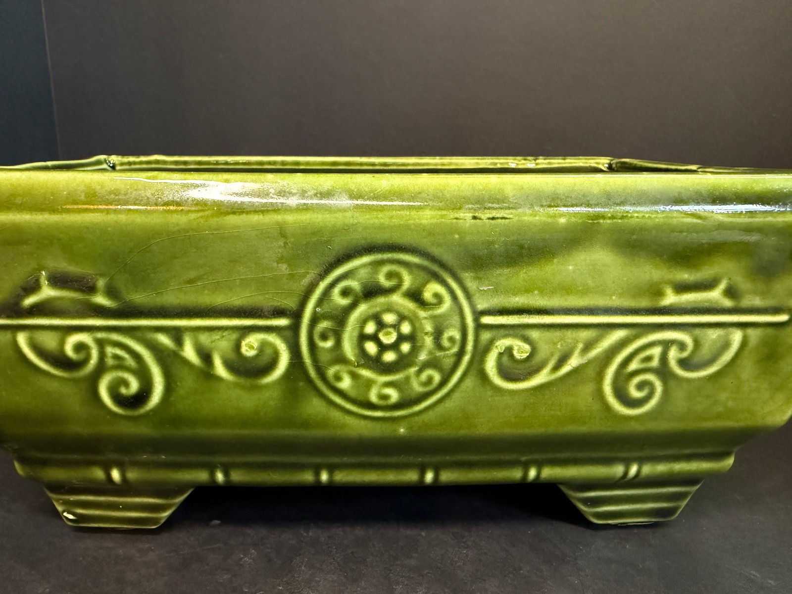 Vintage Green Ceramic Planter Mid Century Scroll Design Footed Plant Pot 9”