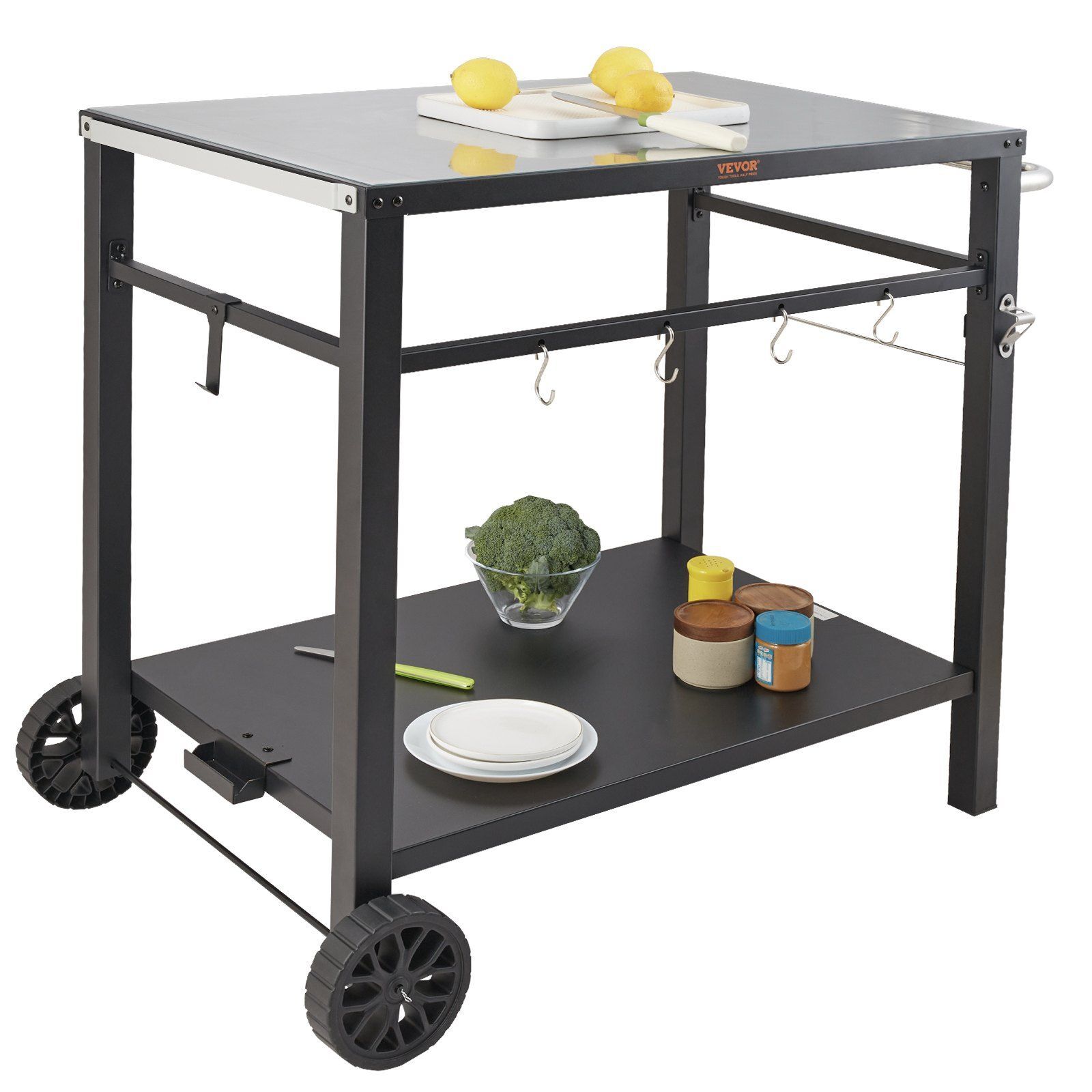 Portable Outdoor Grill Dining Cart w/ Double-Shelf BBQ Movable Table w/ 2 Wheels