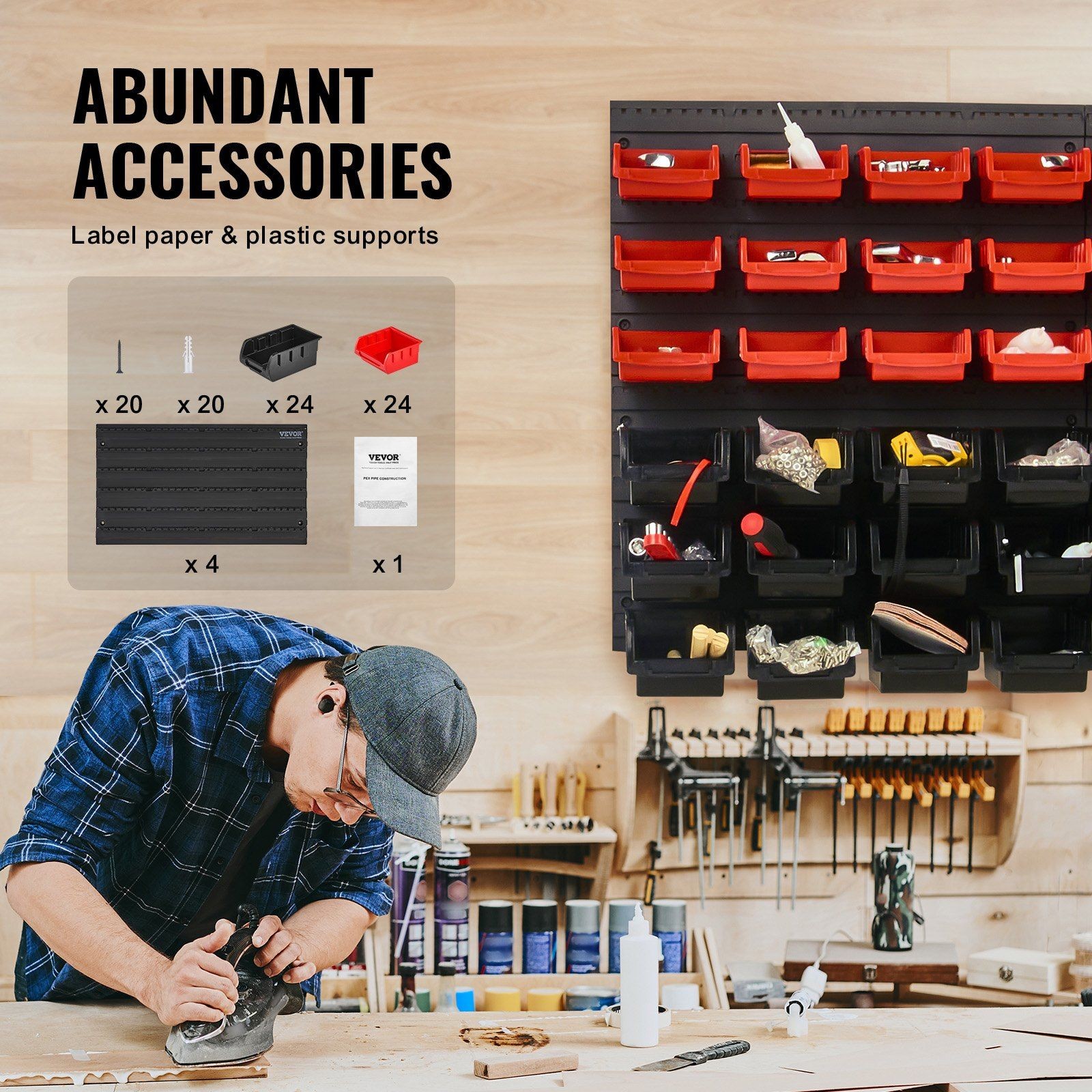48Bin Wall Mounted Plastic Various Fasteners Multi-Purpose Organizer BlackRed