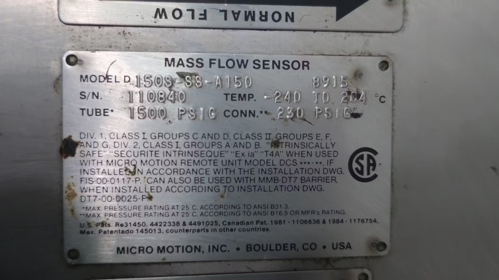 Micro Motion 150S-SS-A150 Mass Flow Sensor 1-1/2in