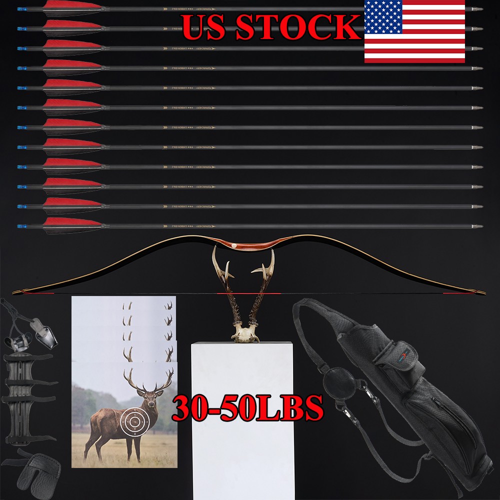 60"Traditional Longbow Recurve Bow Wooden&Carbon Arrows Archery Shooting Hunting
