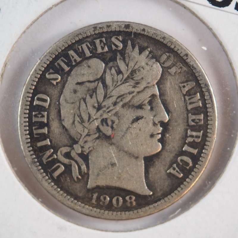 1908 D Barber Dime Full Liberty Repunched Date Very Fine (VF) - SKU 33USDM