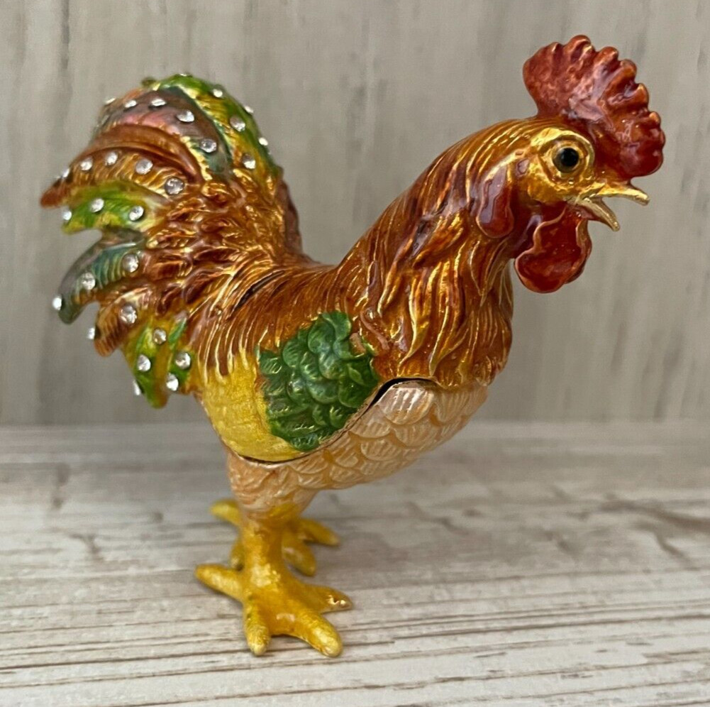 Brown Rooster Bejeweled Enamel Hinged Trinket Jewelry Box Rhinestones Crystals