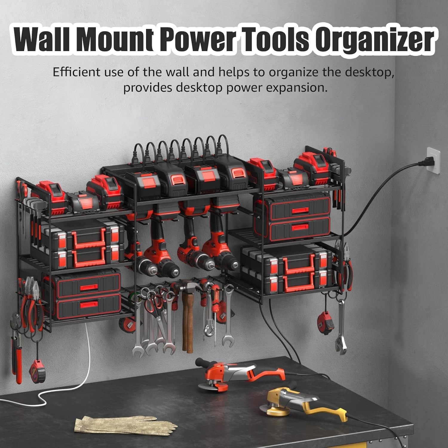 Black Power Tool Organizer Wall Mount, Large Tools and Battery Storage Rack C...