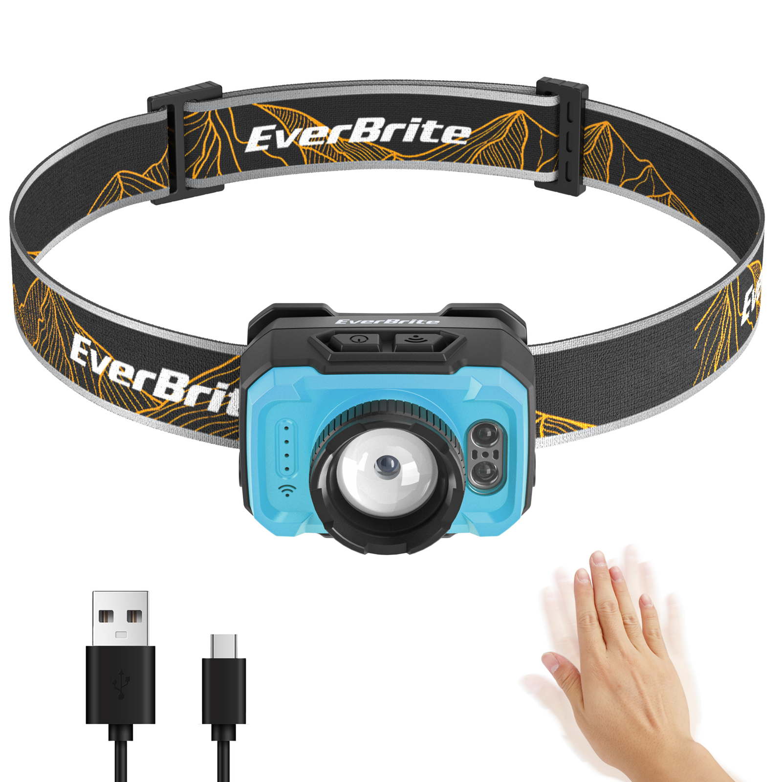 EverBrite RechargeableHeadlamp 600Lumen 4Mode Motion Sensor&Memory Function-Blue