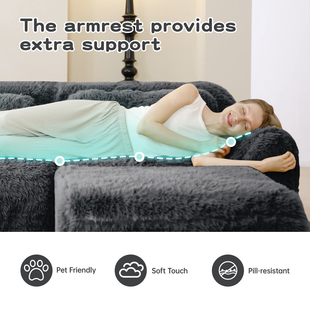 149'' Modular Plush Sofa w/Non-slip Base, Dark Grey, 32D Sponge