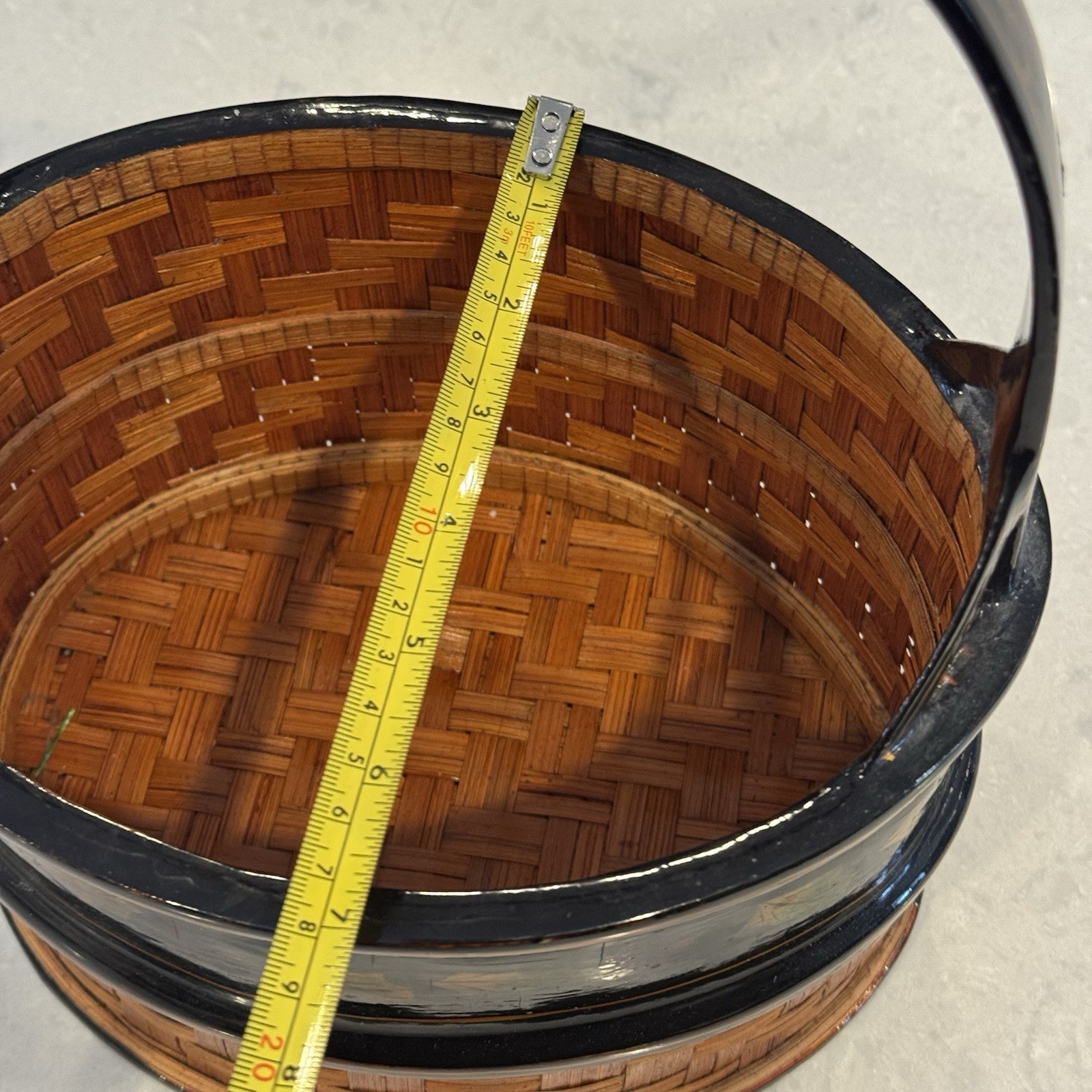 Wicker & Black Lacquer Woven Christmas Basket W/ Holly Leaf Pattern Please Read