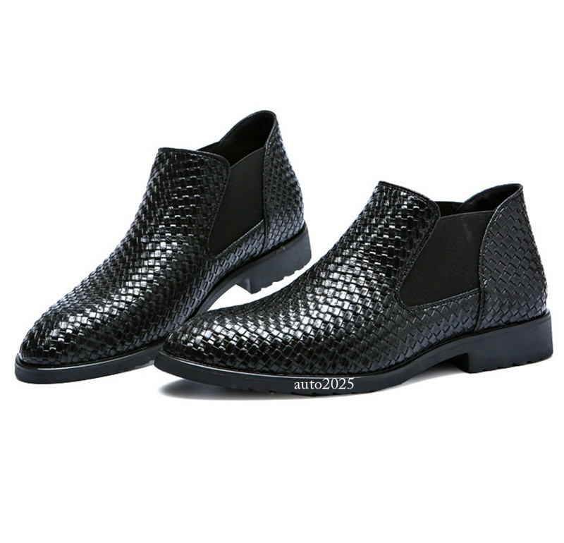 Men's Casual Pointed Toe Chelsea Weave Texture Shoes Business Dress Ankle Boots