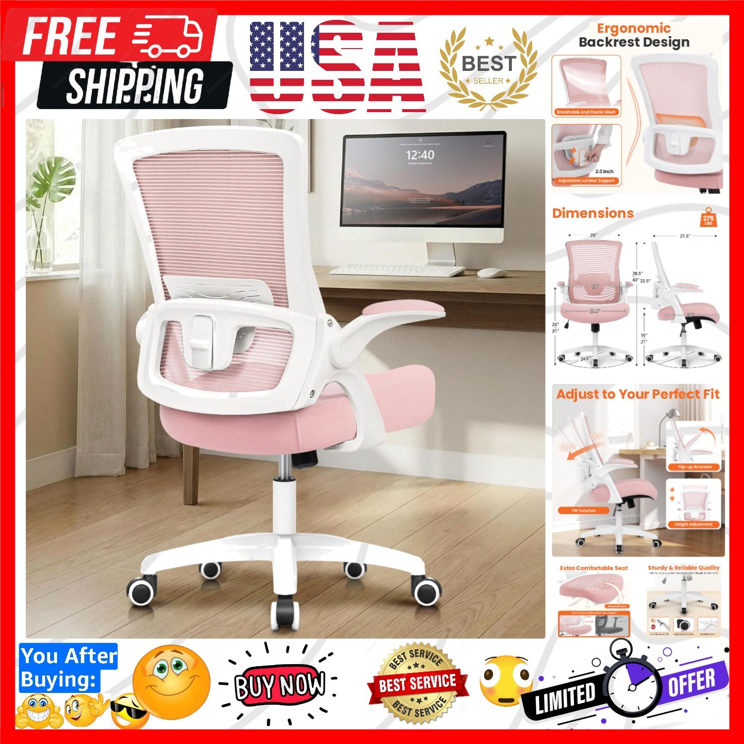 Office Desk Gaming Chair Computer High Back Mesh Seat with Rolling Wheels Erg...