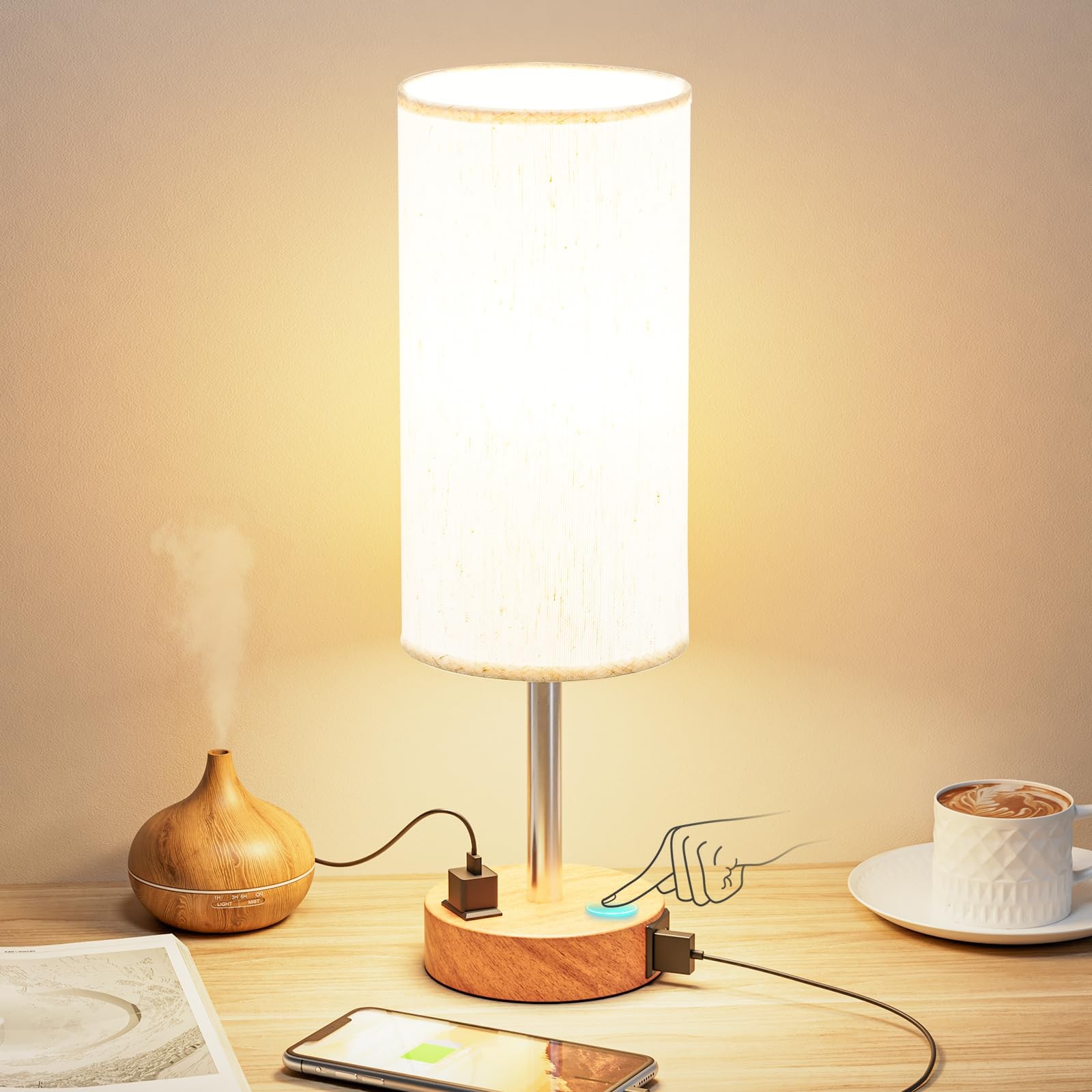 Fenmzee Bedside Table Lamp for 14" Touch Control, Cream Shade-Wood Base