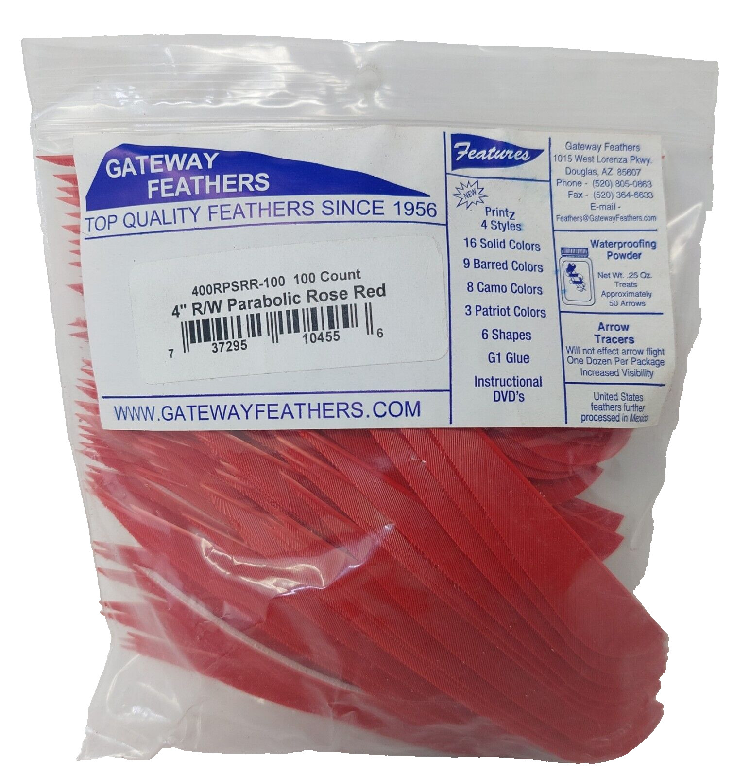 100 Pack Gateway Feathers 4" Right Wing: Parabolic Rose Red 400RPSRR-100