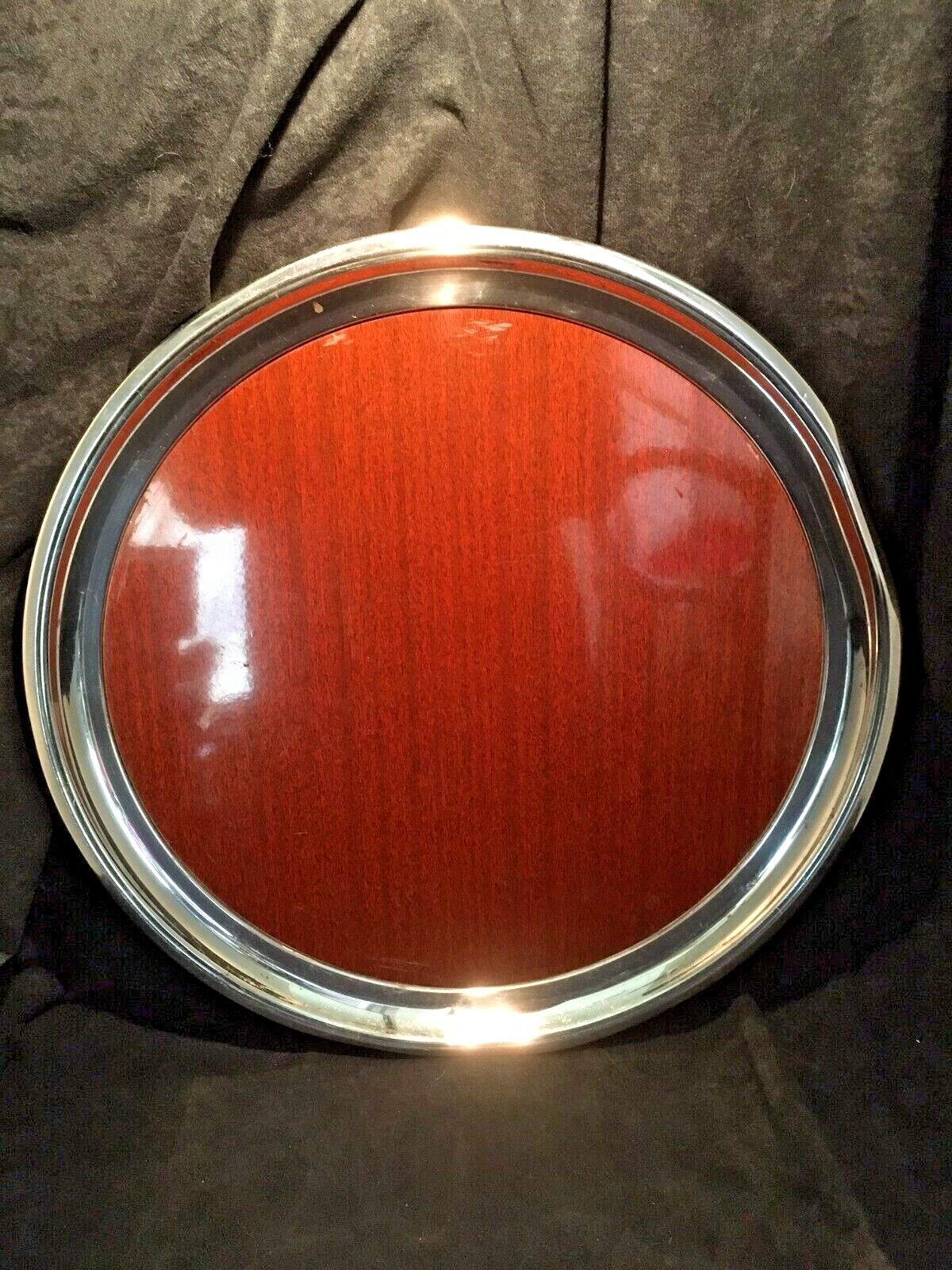 Vintage Wood Grain Formica & Silver Plate Rim 16" Round Serving Tray