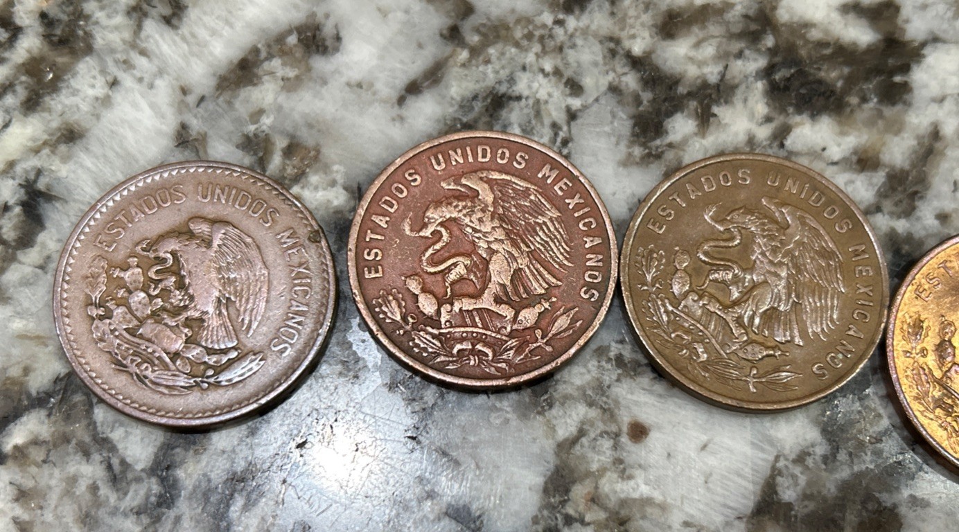Set Of 5 20 Centavos Mexican Coins (1944, 1960, 1965, And Two 1968), Circulated