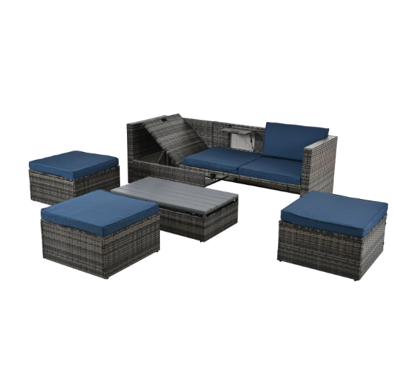 Sofa Set With Chaise Longue. Patio Furniture, Outdoor Wicker Furniture with Coff