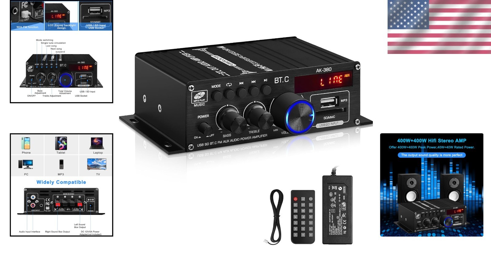 Multi-Functional 40W+40W Bluetooth Speaker Amplifier with Remote & LCD Display